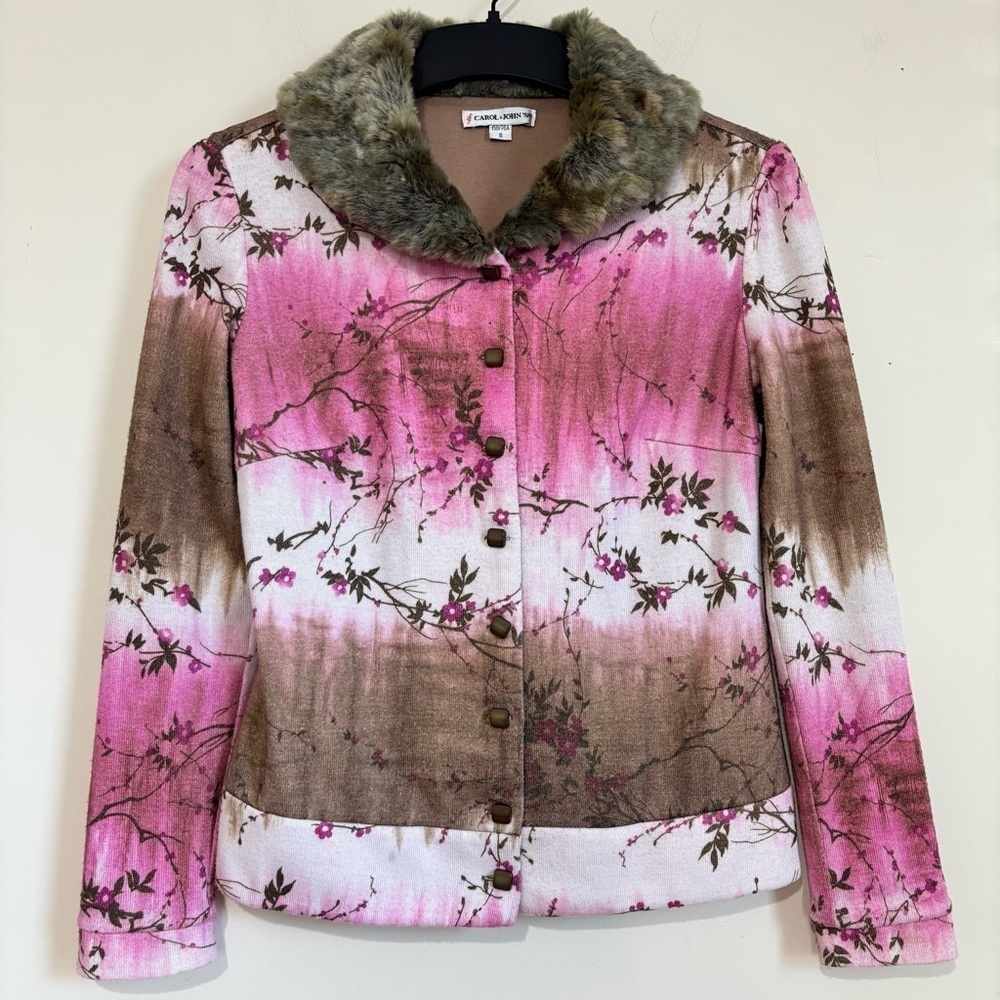 Vintage Carol & Joh's Coquette Fairy faux fur collar floral button knit cardigan